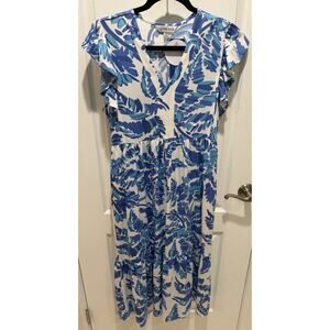 La Mer Luxe Blue Floral Print Maxi Dress Cap Sleeve Resort Wear Size XS New